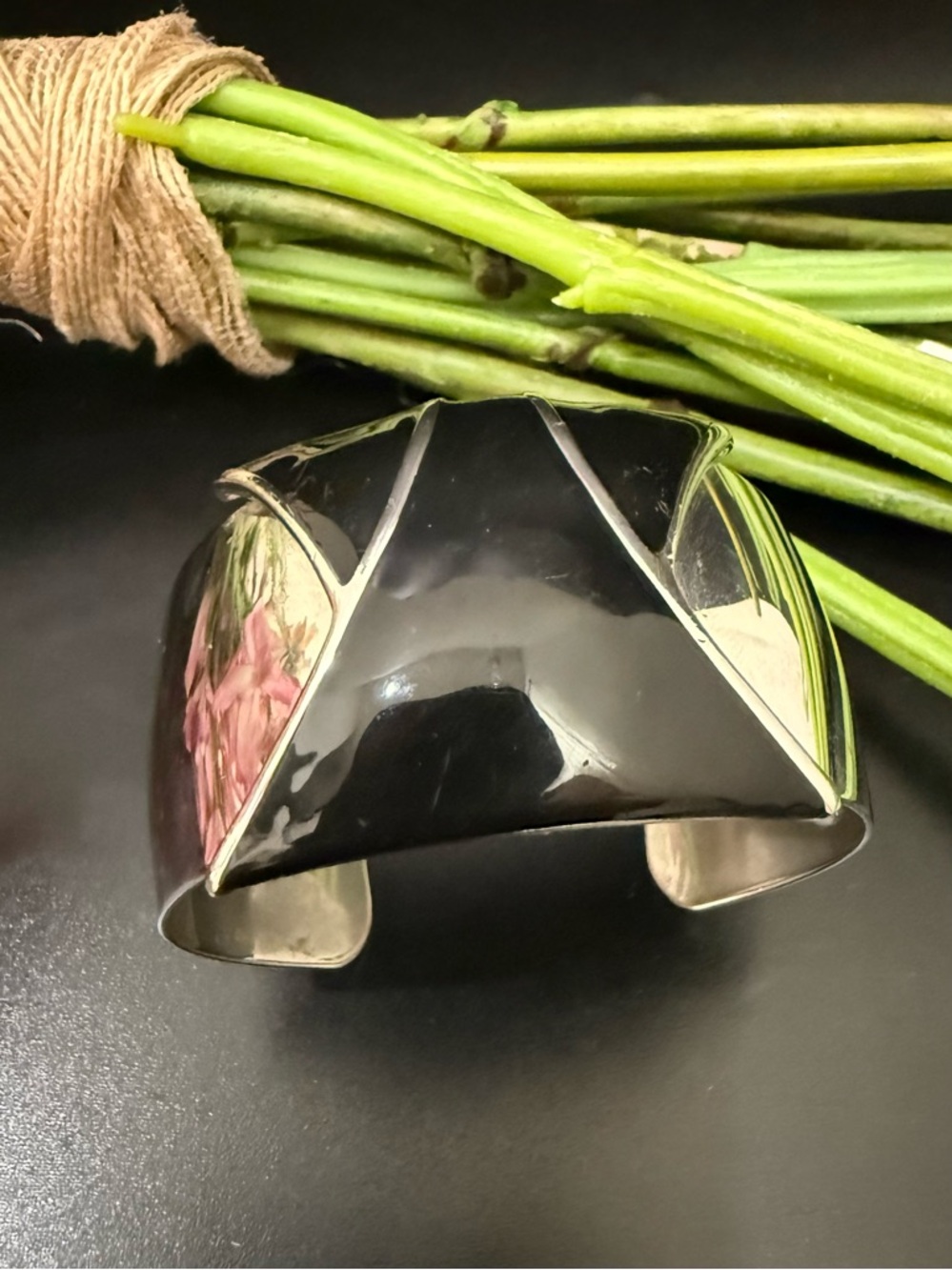 NAPIER Silver-tone Black Enamel Modernist Cuff Bangle Bracelet
